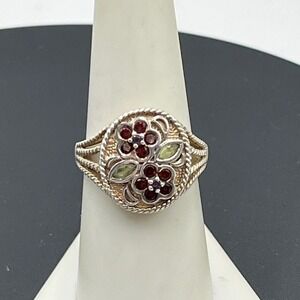 Designer Gemstone 925 Sterling Silver Garnet Amethyst Peridot Floral Ring Size 8